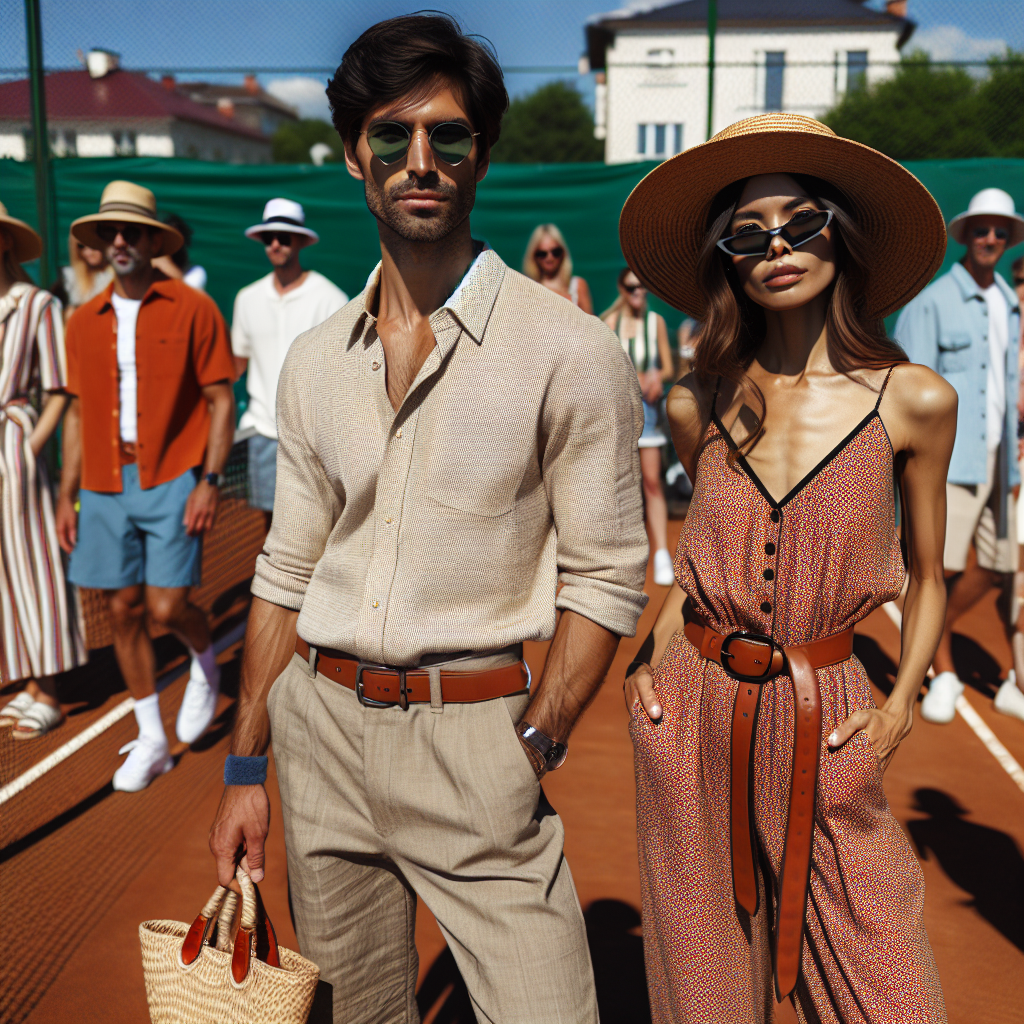 An outdoor sunny tennis court setting with a diverse crowd of spectators wearing fashionable outfits. A South Asian woman in a stylish summer dress with a wide-brimmed hat. A Caucasian man in a classy casual ensemble of a polo shirt and khaki shorts. A Black woman sporting a vibrant jumpsuit, trendy sunglasses and a chic straw handbag. A Middle Eastern man donning a comfortable linen shirt and jeans, accessorizing with a slick pair of sunglasses.