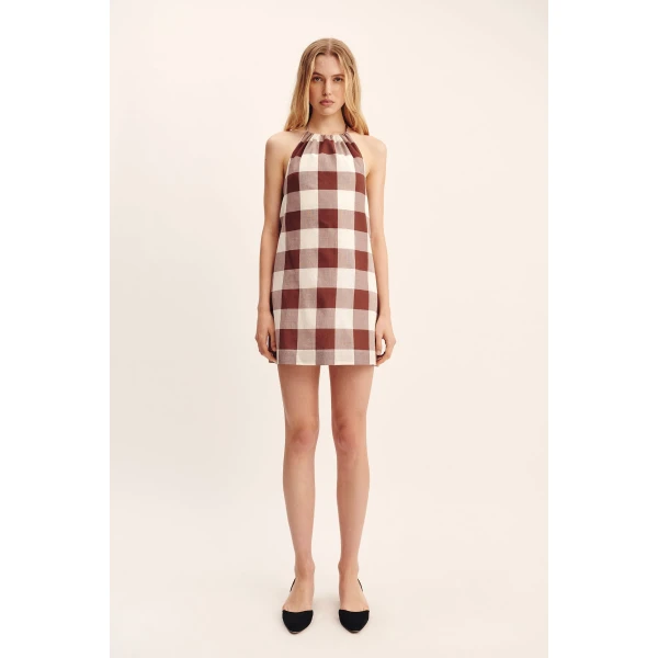 Posse Callie Mini Dress - Mocha Gingham – sustainable Dresses in Brown from Australian designer at Luxury Shoes .