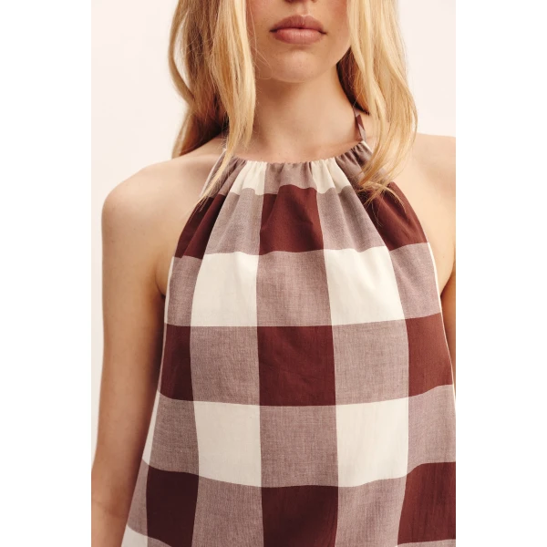 Posse Callie Mini Dress - Mocha Gingham – sustainable Dresses in Brown from Australian designer at Luxury Shoes .