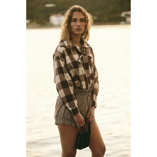 Posse Callie Shirt - Mocha Gingham – sustainable Tops in Brown from Australian designer at Luxury Shoes .