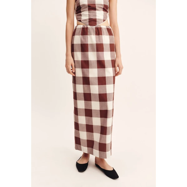 Posse Mira Skirt - Mocha Gingham – sustainable Skirts in Brown from Australian designer at Luxury Shoes .