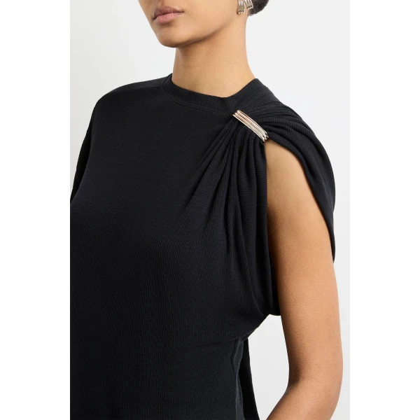 Brandon Maxwell red evening dress styled with sleek accessories