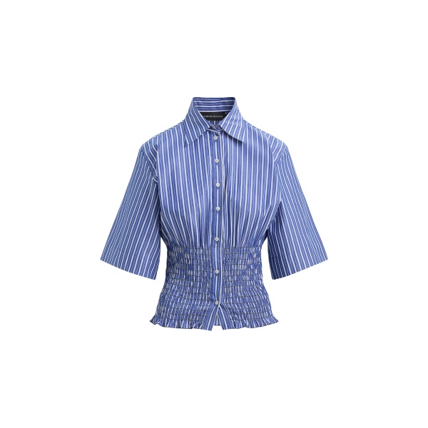Brandon Maxwell The Harte Smocked Button Up Top in Navy Striped Cotton