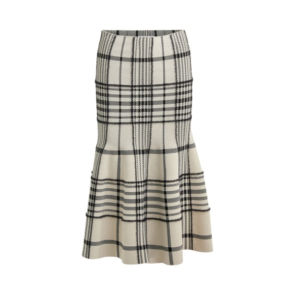 Brandon Maxwell The Rory Flare Knit Skirt with Jacquard Plaid in Ivory Plaid