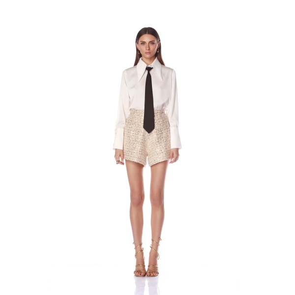 Bronx and Banco Beige Blake Tan Sequin Shorts  a harmonious blend of structured elegance and timeless sophistication