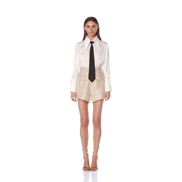 Bronx and Banco Beige Blake Tan Sequin Shorts  a harmonious blend of structured elegance and timeless sophistication