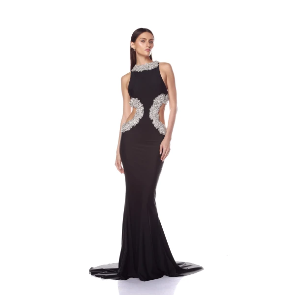 Bronx and Banco Black Camila Black Rhinestone Cutout Gown  a harmonious blend of structured elegance and timeless sophistication.