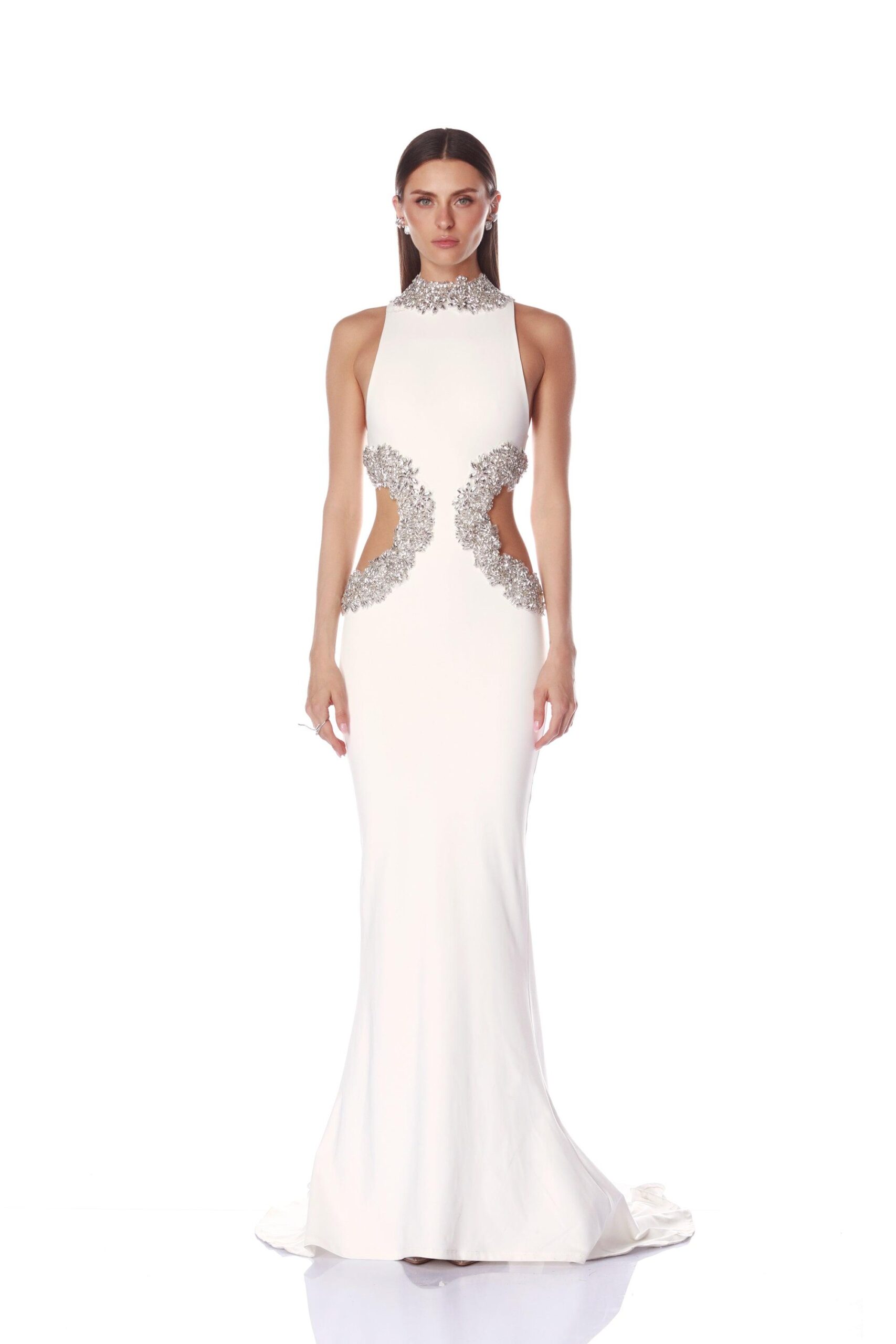 Bronx and Banco Camila White Rhinestone Cutout Gown Bronx and Banco White Camila White Rhinestone Cutout Gown a harmonious blend of structured elegance and timeless sophistication