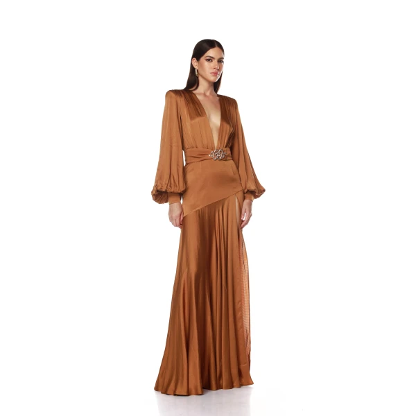 Bronx and Banco Brown Carmen Copper Maxi Dress  a harmonious blend of structured elegance and timeless sophistication.