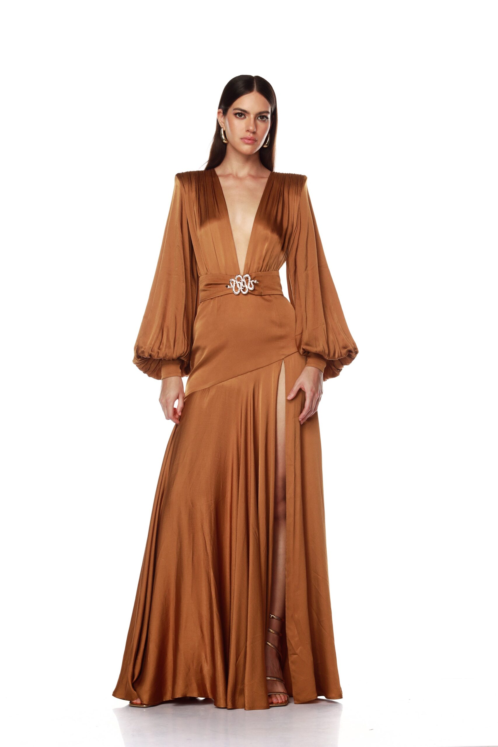 Bronx and Banco Carmen Copper Maxi Dress Bronx and Banco Brown Carmen Copper Maxi Dress a harmonious blend of structured elegance and timeless sophistication