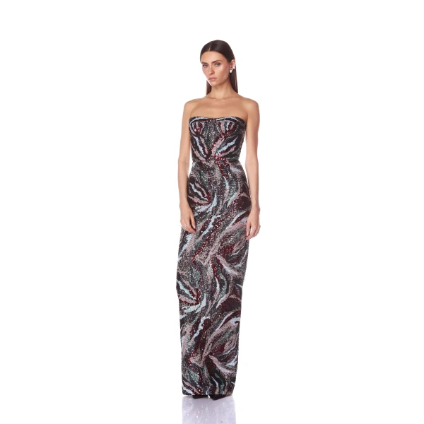 Bronx and Banco Pink Dahlia Pink Multi Strapless Maxi Dress  a harmonious blend of structured elegance and timeless sophistication.