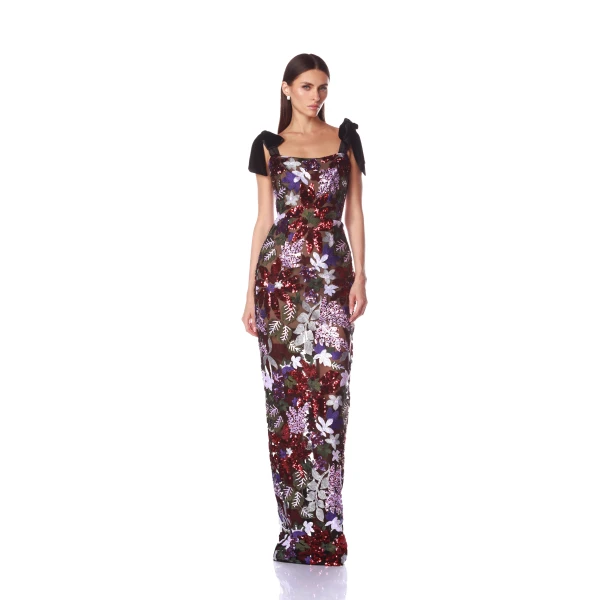 Bronx and Banco Purple Dahlia Purple Multi Maxi Dress  a harmonious blend of structured elegance and timeless sophistication.