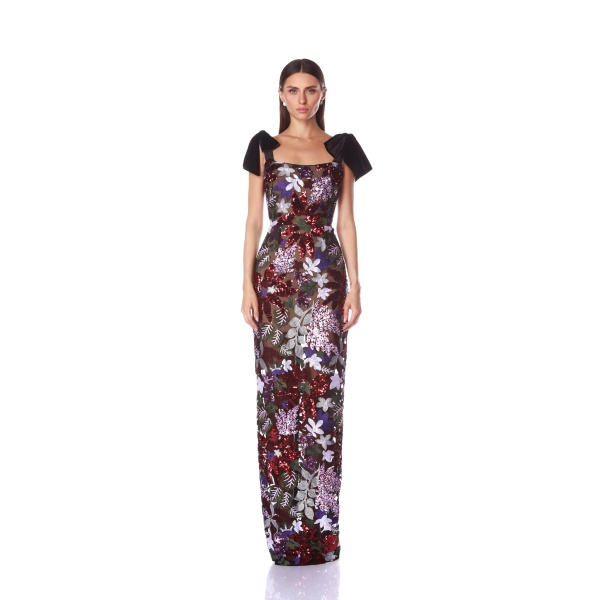Bronx and Banco Purple Dahlia Purple Multi Maxi Dress  a harmonious blend of structured elegance and timeless sophistication