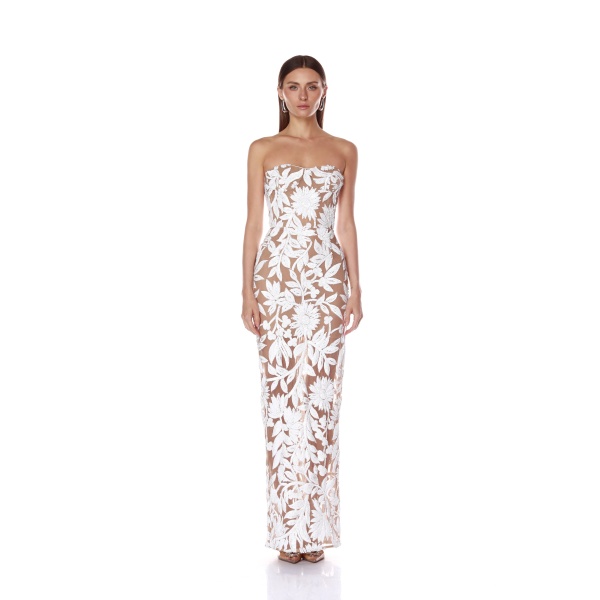 Bronx and Banco White Dahlia White Maxi Dress  a harmonious blend of structured elegance and timeless sophistication