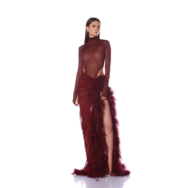 Bronx and Banco Red Elle Burgundy Skirt  a harmonious blend of structured elegance and timeless sophistication.