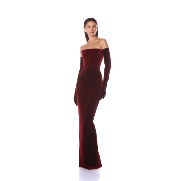 Bronx and Banco Red Florentina Burgundy Strapless Velvet Gown  a harmonious blend of structured elegance and timeless sophistication.