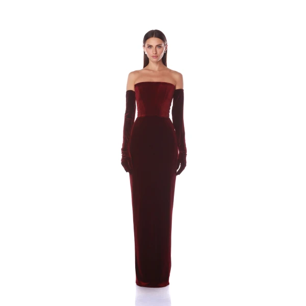 Bronx and Banco Red Florentina Burgundy Strapless Velvet Gown  a harmonious blend of structured elegance and timeless sophistication