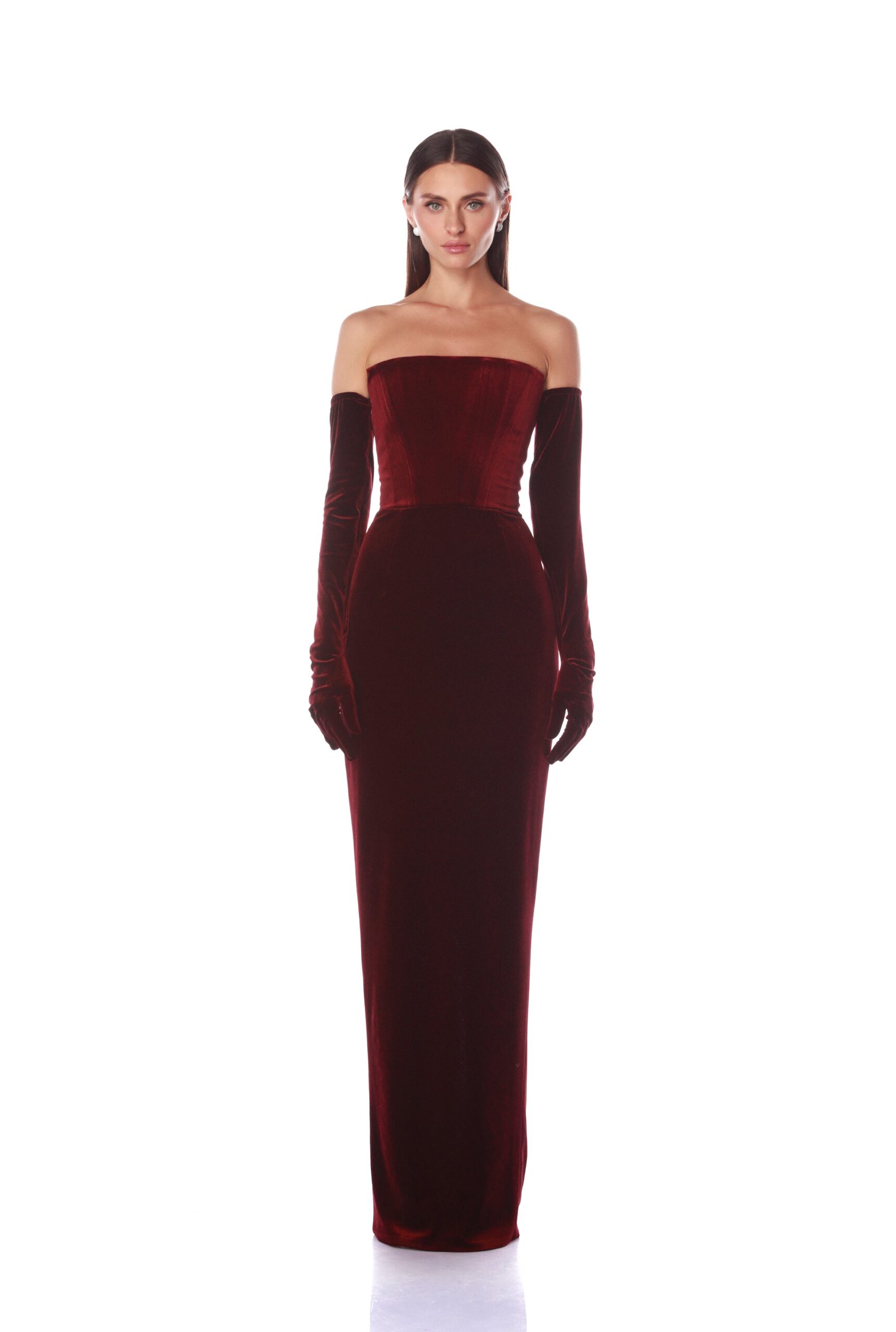 Bronx and Banco Florentina Burgundy Strapless Velvet Gown Bronx and Banco Red Florentina Burgundy Strapless Velvet Gown a harmonious blend of structured elegance and timeless sophistication