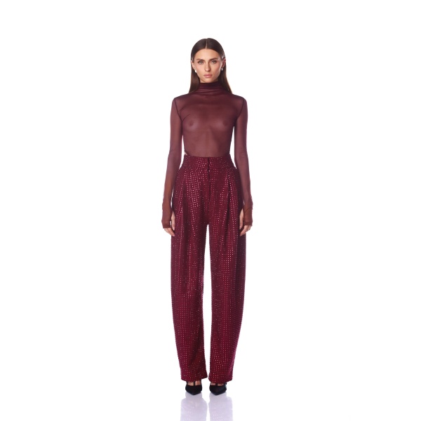 Bronx and Banco Red Gaia Mesh Burgundy Long Sleeve Bodysuit  a harmonious blend of structured elegance and timeless sophistication