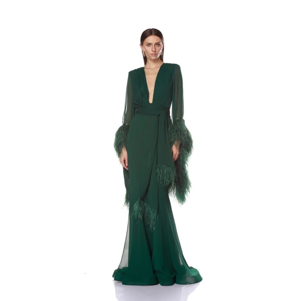 Bronx and Banco Green Geisha V-Neck Green Gown  a harmonious blend of structured elegance and timeless sophistication.