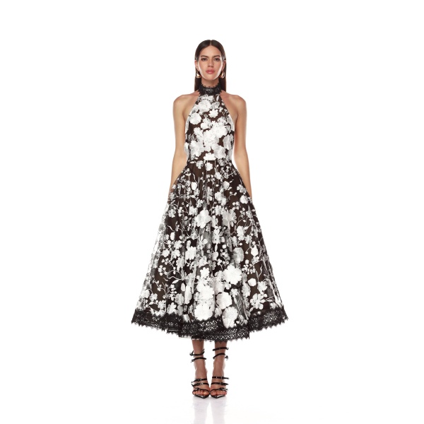 Bronx and Banco Black Greta Bouquet Black and White Midi Dress  a harmonious blend of structured elegance and timeless sophistication
