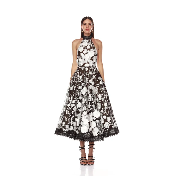 Bronx and Banco Black Greta Bouquet Black and White Midi Dress  a harmonious blend of structured elegance and timeless sophistication