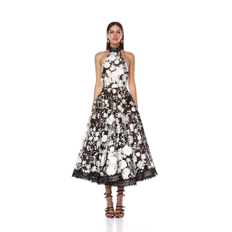 Bronx and Banco Black Greta Bouquet Black and White Midi Dress  a harmonious blend of structured elegance and timeless sophistication