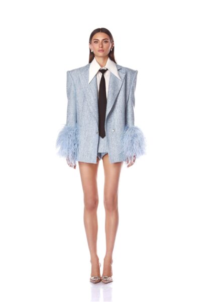 Bronx and Banco Blue Kacey Powder Blue Sequin Blazer  a harmonious blend of structured elegance and timeless sophistication