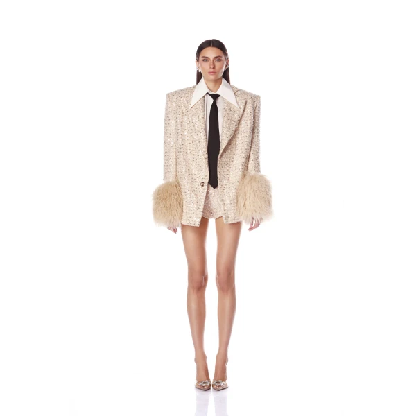 Bronx and Banco Beige Kacey Tan Sequin Blazer  a harmonious blend of structured elegance and timeless sophistication
