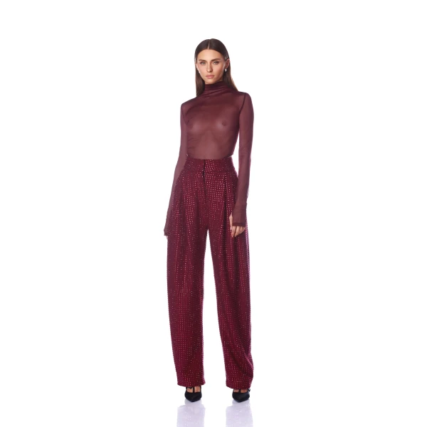 Bronx and Banco Red Katherine Burgundy Rhinestone Pant  a harmonious blend of structured elegance and timeless sophistication.