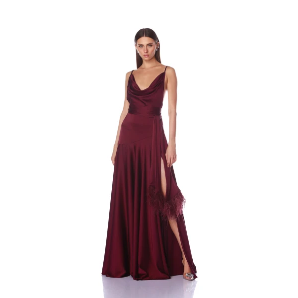 Bronx and Banco Red Leo Burgundy Gown  a harmonious blend of structured elegance and timeless sophistication.