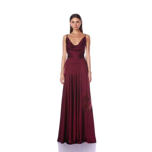 Bronx and Banco Red Leo Burgundy Gown  a harmonious blend of structured elegance and timeless sophistication