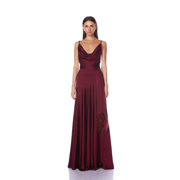 Bronx and Banco Red Leo Burgundy Gown  a harmonious blend of structured elegance and timeless sophistication