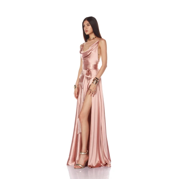 Bronx and Banco Pink Leo Peach Gown  a harmonious blend of structured elegance and timeless sophistication.