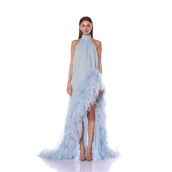 Bronx and Banco Blue Madeline Halterneck Gown  a harmonious blend of structured elegance and timeless sophistication