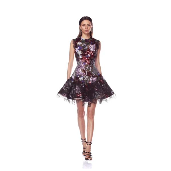 Bronx and Banco Purple Mia Purple Multi Mini Dress  a harmonious blend of structured elegance and timeless sophistication.