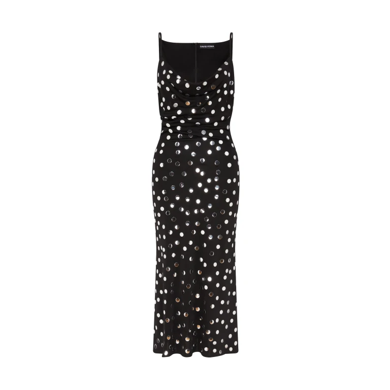 David Koma Silver Polka-Dot And Cowl Neck Midi Dress