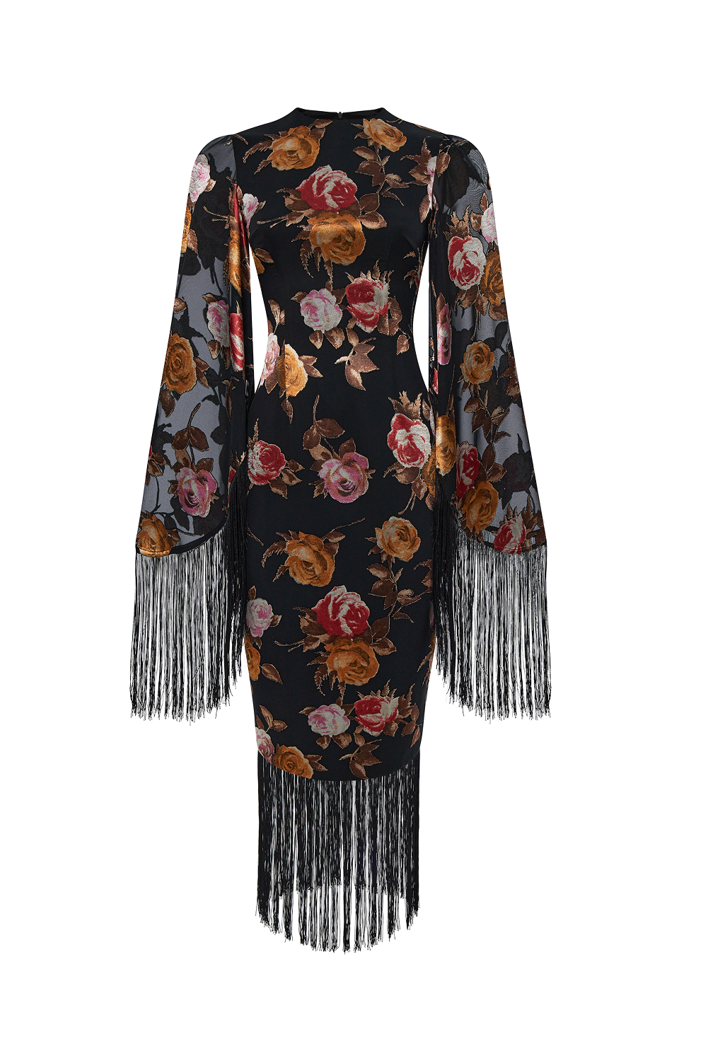 Rasario Chiffon-Devoré Midi Dress With Fringe Trim