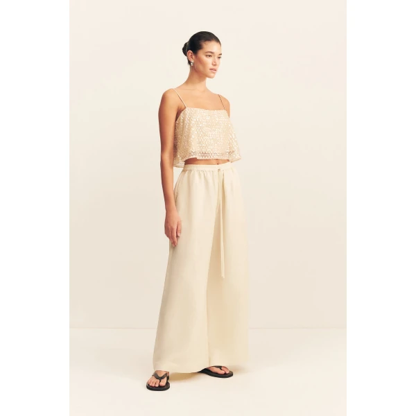 Wide leg drawstring pant in a premium linen blend in ecru.