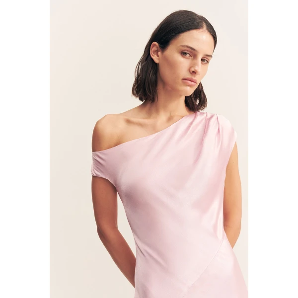 Asymmetrical draped maxi dress in blossom in a LENZING ECOVERO with a luxurious satin finish.