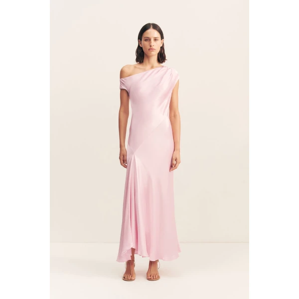 Asymmetrical draped maxi dress in blossom in a LENZING ECOVERO with a luxurious satin finish.