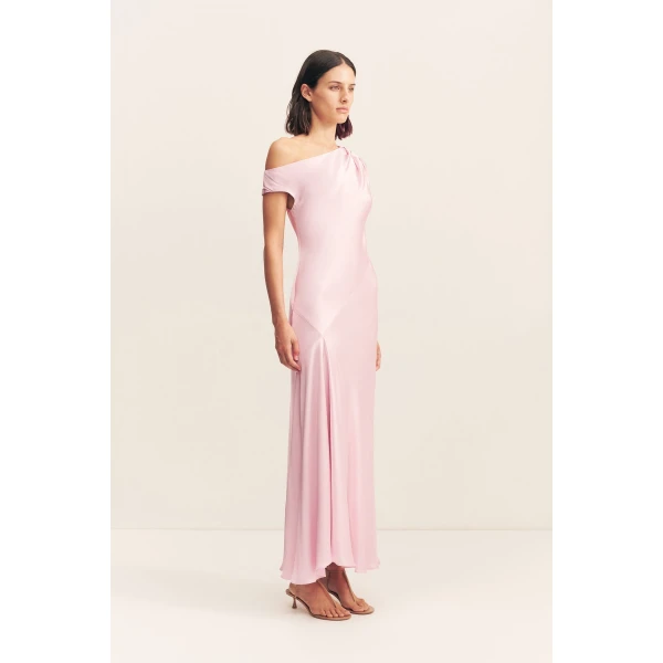Asymmetrical draped maxi dress in blossom in a LENZING ECOVERO with a luxurious satin finish.