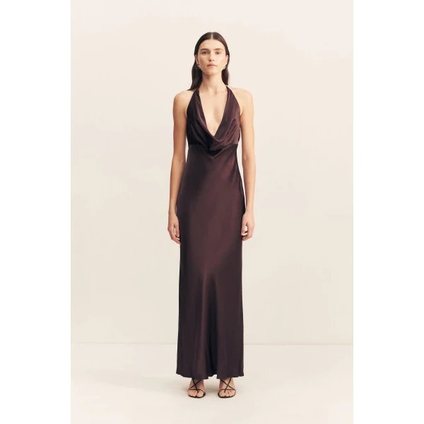 Low cowl maxi dress in espresso in a LENZING ECOVERO with a luxurious satin finish.