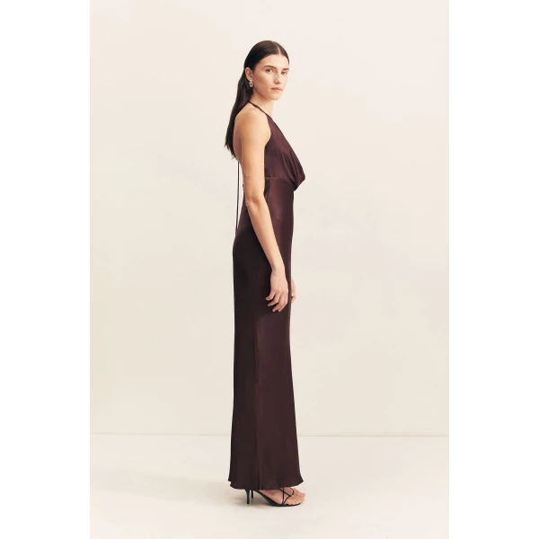 Low cowl maxi dress in espresso in a LENZING ECOVERO with a luxurious satin finish.