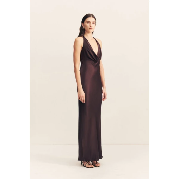 Low cowl maxi dress in espresso in a LENZING ECOVERO with a luxurious satin finish.