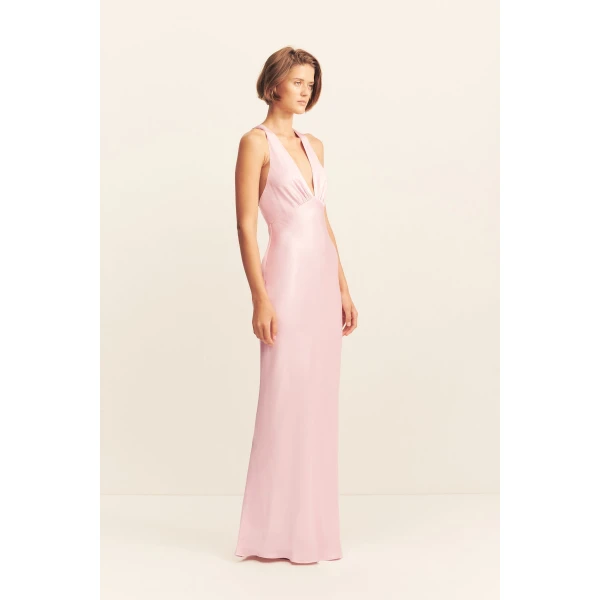 Plunged cross back maxi dress in blossom in a LENZING ECOVERO with luxurious satin finish.