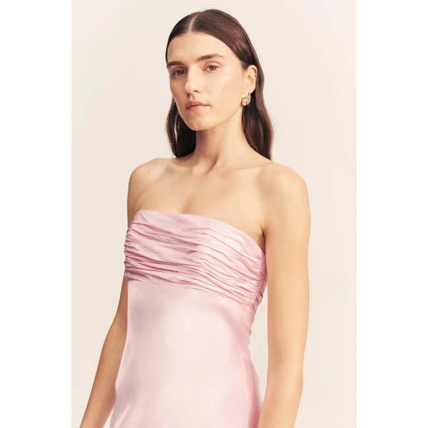 Strapless maxi dress with ruched bodice detail in blossom in a LENZING ECOVERO with luxurious satin finish.