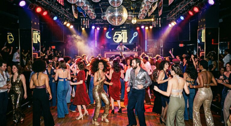Studio 54 style 70s disco party outfits featuring luxury sequin dresses and platform shoes