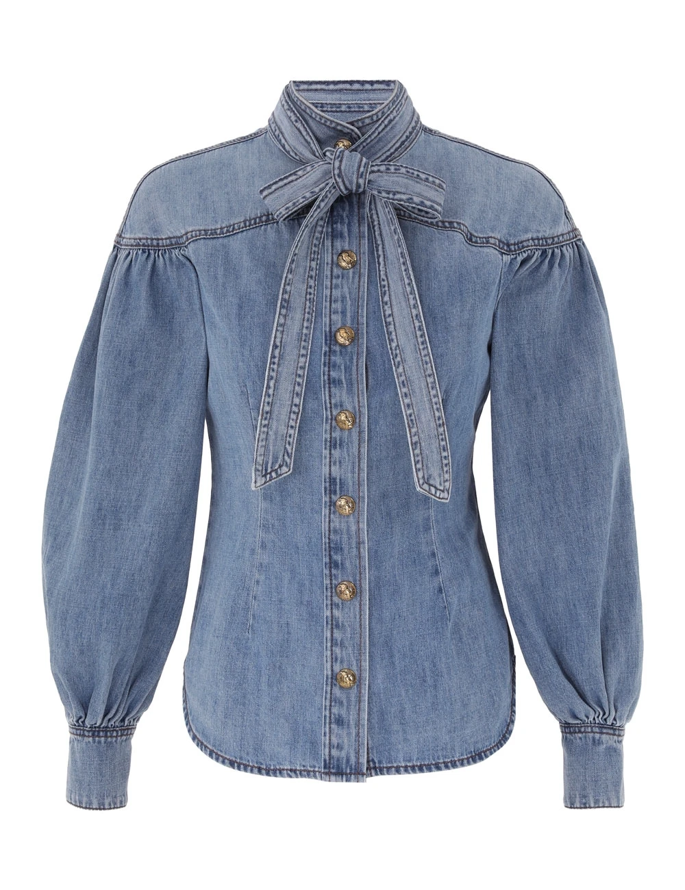 Zimmermann Denim Tie Neck Blouse | Ready to Wear 2025 Collection Luxury Shoes Elevate your elegance in this Zimmermann Tops from the 2025 resort wear edit