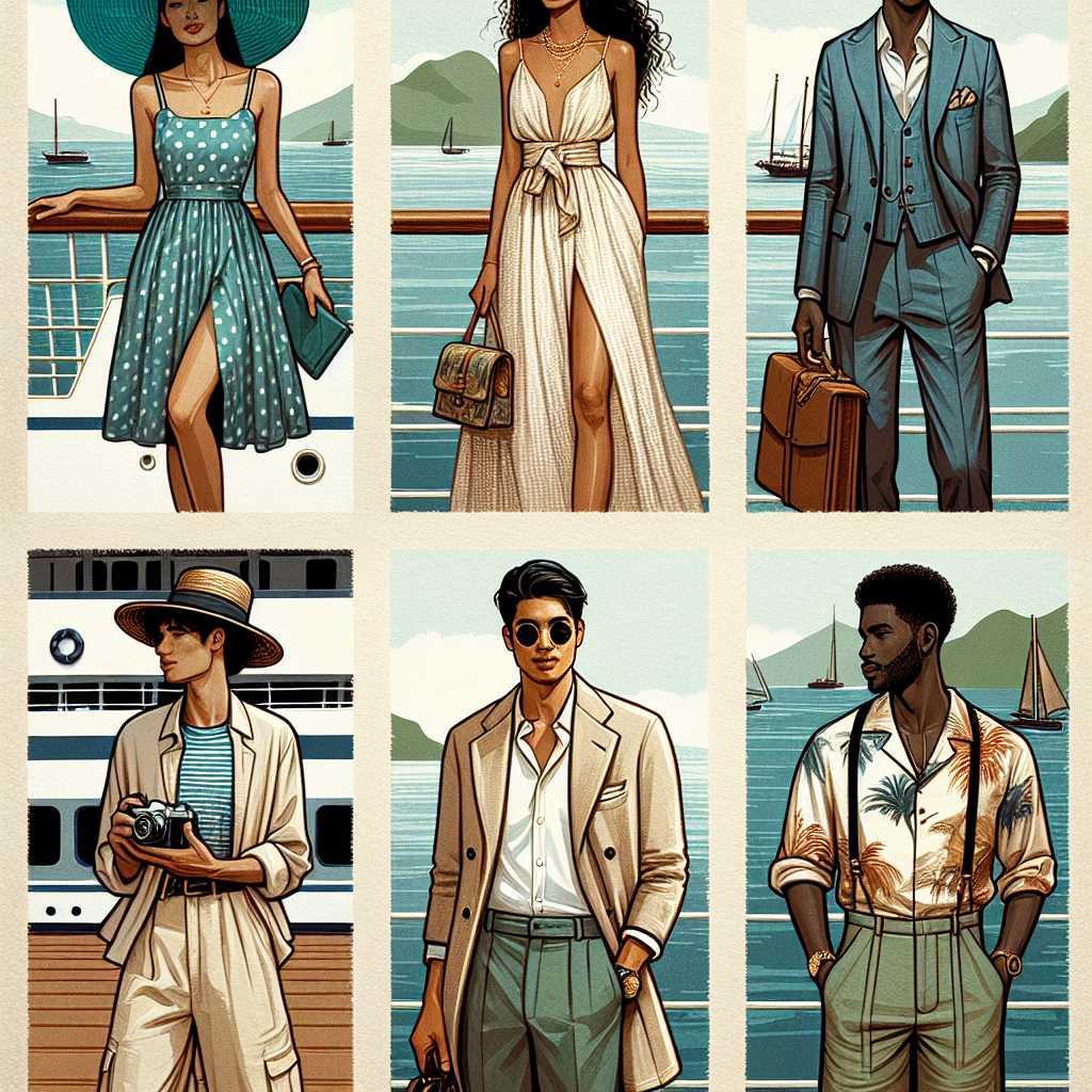 A variety of fashionable outfits suitable for boat cruise parties are on display. First, a polka dotted sundress with a teal wide-brimmed hat is worn by a Hispanic woman. Next, a South Asian man elegantly dressed in a crisp linen suit paired with loafers. Third, a Middle-Eastern woman in an elegant jumpsuit accessorised with a fancy clutch bag. Lastly, a Black man in a stylish Hawaiian shirt paired with khaki shorts is totting a vintage camera. Each outfit exudes an aura of effortless style and sophistication. The sea and part of a cruise ship form the backdrop for these summer cruise outfits.